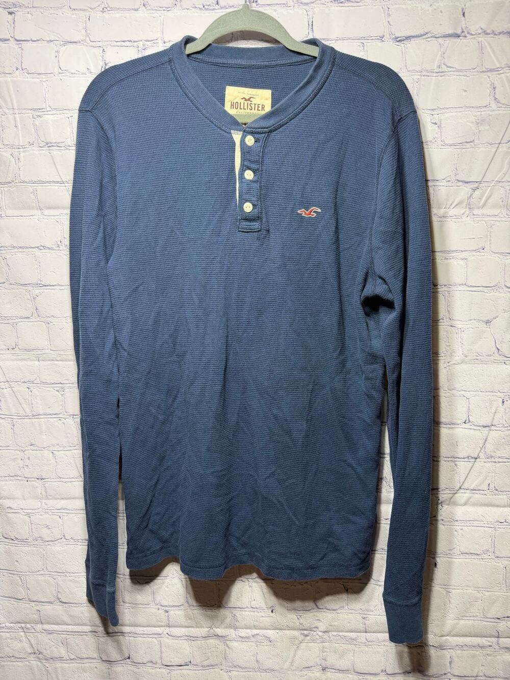 Hollister Mens Y2K Long Sleeve Henley Shirt Navy Sz XL Casual 90s